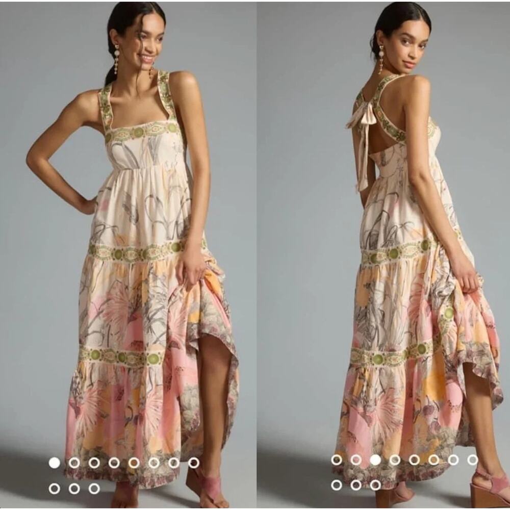 By Anthropologie Embroidered Square-Neck Floral Tiered Maxi Dress Beaded Boho L - Picture 1 of 10